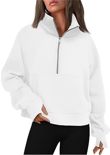 Women's Half Zip Pullover,Long Sleeve Fleece Sweatshirts with Thumb Holes, Casual Sweatshirt(White,M),B1706