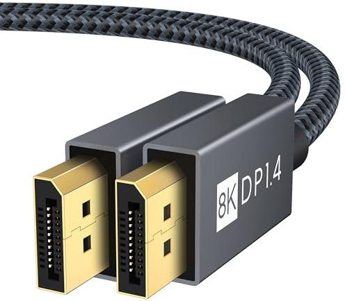 IVANKY Cable DisplayPort 1.4 2m, 8K@60Hz, 4K@165Hz, 2K@240Hz, DP 1.4 Cable compatible con HDR10, FreeSync, G-Sync, DTS-HD, 32,4 Gbps DSC1.2, adecuado para monitor de juegos tarjeta gráfica - Gris