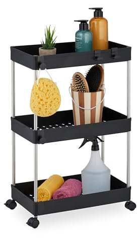 Relaxdays Nischenwagen, 3 Etagen, schmales Nischenregal für Küche & Bad, HxBxT: 62 x 41,5 x 23,5 cm, Rollregal, schwarz