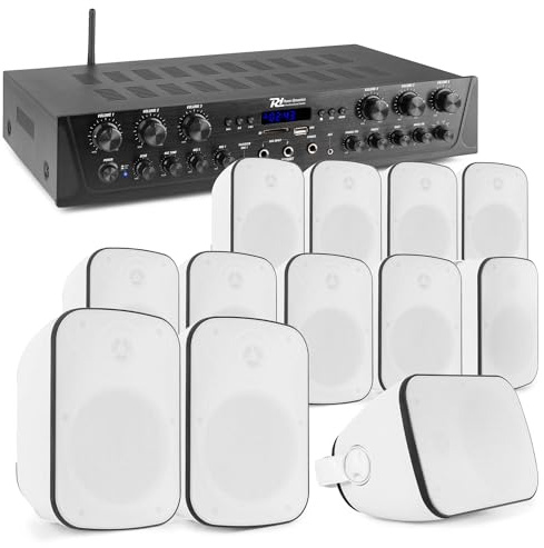 Power Dynamics 6-Zonen Lautsprecher System für Büro, Gastro, Zuhause - komplettes Soundsystem 4Ohm - 1x Verstärker MP3 Bluetooth, 12x Lautsprecher, OBE, 120 Watt, In-Outdoor, wetterfest - Weiß