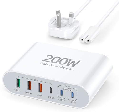USB C Charger, 200W 6-Port Desktop USB C Charging Station,Travel USB C Multi Fast Charger Block, PD3.0 Charger USB C Plug for MacBook Pro/Air,Laptop,iPad,iPhone 16/15/14/13/12 Samsung Galaxy Note