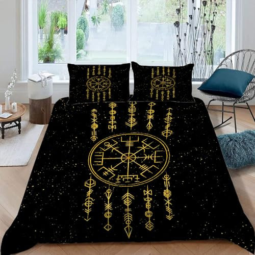 DILANI Wikinger Bettwäsche Set 200x200cm Nordische Mythologie Runen 3D-Druck Weiche Mikrofaser 3 Teilig Bettbezüge mit Reißverschluss und 2 Kissenbezüge 80 x 80 cm für Erwachsene Kinder