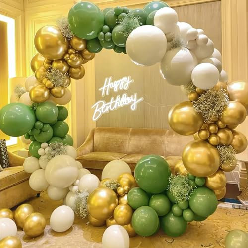 Unisun Salbei Grün Gold Ballons Bogen Kit, 137 Pcs Salbei Grün Sand Weiß Luftballons Girlande für Geburtstag Party Dekoration Baby Shower Boho Hochzeit Jubiläum Safari Party Wild One