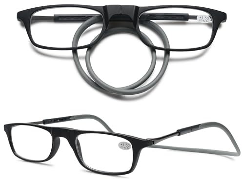 VEVESMUNDO Magnetische Lesebrillen um den Hals Klemmen Leicht Magnetverschluss Damen Herren Lesehilfe Brillen mit magnet (1 Stück Schwarz&Grau Lesebrille, +2.5)