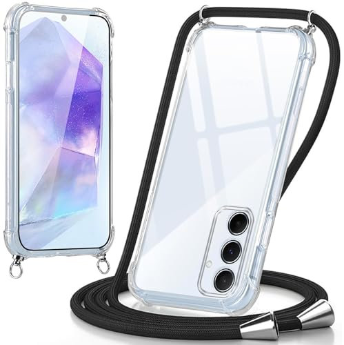Oelrstfe Coque pour Samsung Galaxy A55 avec Cordon, Transparente Silicone Housse avec Réglable Cordage - Collier Case Protection pour Samsung A55, Bandoulière - Noir