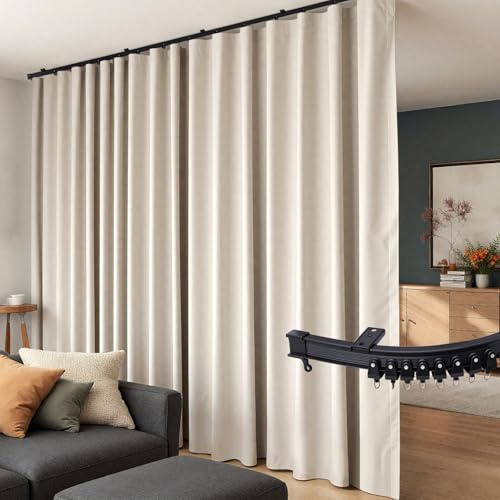 Room Divider Curtains Flexible Ceiling Tracks Set Curtain Track Ceiling Mount Blackout Curtain for Living Room Bedroom Ceiling Curtain Rod Privacy Dividers Panels W180 x H108 Beige Drape & Black Rail