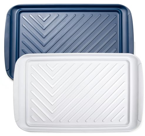 LEHAHA Grilling Prep and Serve Trays, Melamine BBQ Tray for Raw and Cooked Food, Food Serving Platter and plate for Outdoor Party,Large Melamine Serving Platter, Set of 2, 17.2 x 10.5'',Blue and White