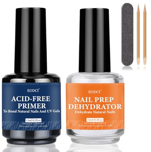 Eodci Primer für Gelnägel Dehydrator für Nägel, 15ml Professional Acid Free Prep Dehydrat und Primer Set fur Nail Art UV Gel Nagellack Dip Powder Acrylnägel