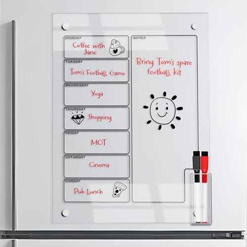 Magnetic Fridge Planner by Acrylic Hub. 40x30x2.8cm Fridge Meal Planner Board with Built in Pen Holder. Clear Acrylic Magnetic Calendar for Fridge, Weekly Planner Magnetic with 2 Pens.