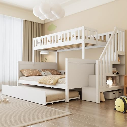 Etagenbett Kinderbett 90x200 & 140x200 cm für 2-3 Kinder, Hochbett mit Treppe und Ausziehbett, Bett mit Rausfallschutz und Lagerregal und Lattenrost, Multifunktionsbett Stockbett Jugendhochbett, Weiß