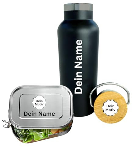 Personalisiertes Premium Brotdosen und Flaschen-Set aus Edelstahl mit Namen,Text und Motiv gelasert – über 100 verschiedene Motive – Auslaufsicher (Brotdose und Flasche-Set, 800ml Brotdose)