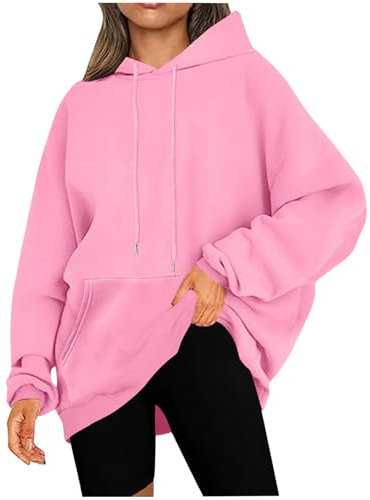 KOG Hoodie für Damen Baumwolle Sweatshirt mit Kapuze Einfarbige Hoodies Basic Oberteile Frau Kapuzenpullover Elegant Pullover Warm Teenager Mädchen Warme Lose Rosa XXL
