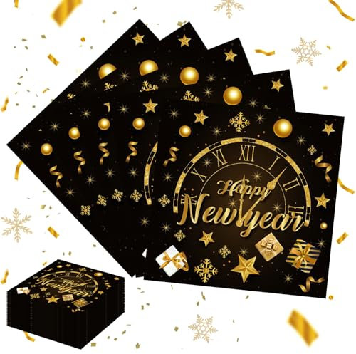 Shinybox Neujahr Servietten - 100 Stück Papierservietten für Tischdeko, Schwarz Gold Silvester Dekoration