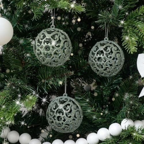 Melody Maison Set of 3 Round Ornate Sage Green Glitter Baubles