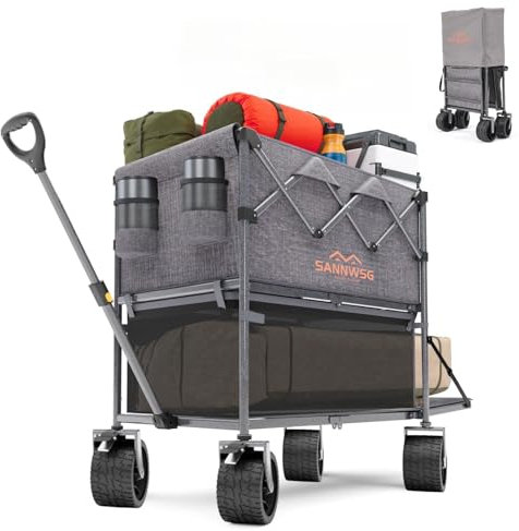 500L Doppeldeck-Faltwagen mit großen All-Terrain-Rädern, 277 kg Tragkraft, robuster Bollerwagen für Camping, Einkaufen, Strand, Garten, Grau