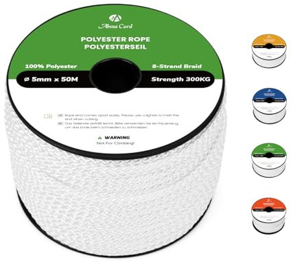 Abma Cord Corda in Poliestere Corda Intrecciata 5mm x 50m Corda Multiuso Bobina - Bianca