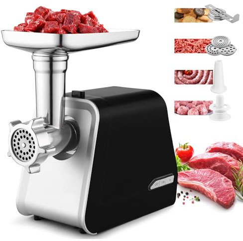 Nictemaw Fleischwolf Elektrisch, 5 in 1 Multi Küchenmaschine Gemüsehobel Wurstmaschine mit 3 Lochscheiben, 4 Kegel-Klingen, Wurstfüller und Gebäck Aufsatz