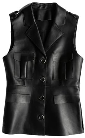 Damen Echtleder Weste Slim Anzugkragen Schaffell Ärmellos Jacke, Schwarz , XXL