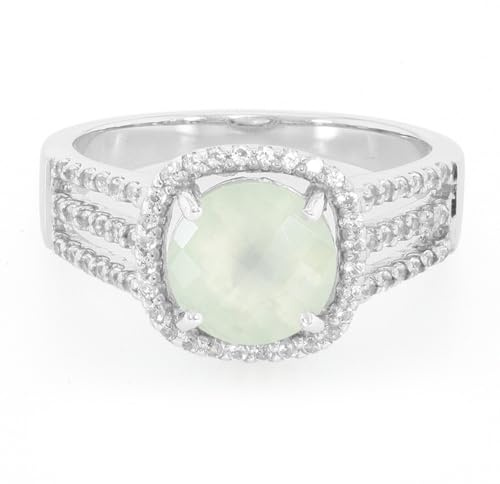 Cavill Prehnit Silberring – Prehnit Ring Silber mit 1,68 ct australischem Prehnit im Schachbrettschliff & weißen Topasen, 925 Sterling Silber, elegantes Halo-Design, grün