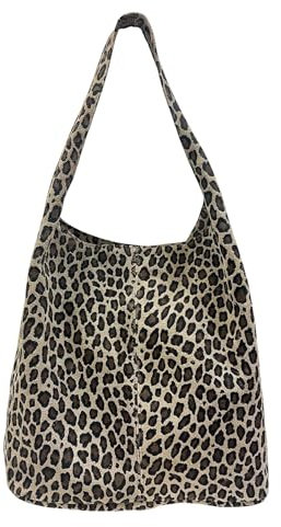 Jeamis Wildleder Shopper Rauhleder Umhängetasche Leopard Veloursleder Tasche Leder Leo Made in Italy (Khaki#1)
