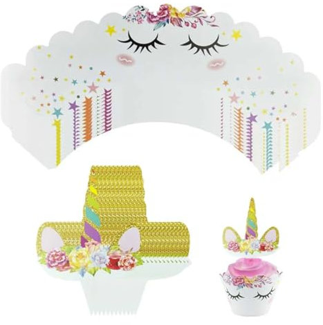 JAWUZ Einhorn Cupcake Wrappers 24 Set,Einhorn Muffin Deko,Einhorn Cupcake Toppers,Geburtstagsdeko,Tortendeko,Cupcake Wrappers Für Geburtstagsfeier Hochzeiten Dessert Kuchen Dekorationen