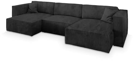 Masseno Ecksofa SARMO P mit Schlaffunktion U-Form, Sofa mit Bettkasten, Wohnzimmersofa, Couch, Soffa, Bettsofa, Couchgarnitur- Schwarz, POSO 135