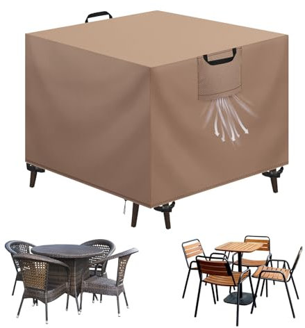 Aujink Housse Salon de Jardin Bâche Housse Table de Jardin Tissu Oxford 420D Couverture de Protection Meubles Exterieur Imperméable, Coupe-Vent, Anti-UV Housse de Meubles en rotin, Kaki, 90x90x90 cm