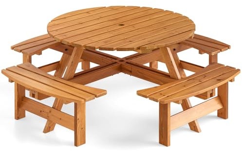 GOPLUS Table Pique-Nique Extérieur 8 Personnes, Table à Manger Jardin Ronde pour Patio avec 4 Bancs Intégrés, Trou Parasol 5 cm, pour Jardin, Terrasse, Parc, Charge 100+250KG*4 (Jaune)