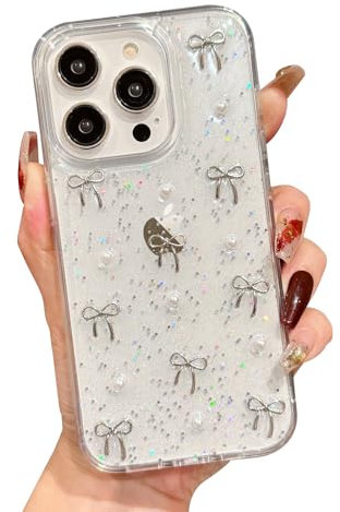 ROSEHUI 3D Bowknot Clear Case for iPhone 16 Pro Max,Sparkly Glitter Bling Phone Case with Bow Pearl for Women Girls,Cute Ultra Slim Transparent Anti-Yellow Protective Back Cover-Silver