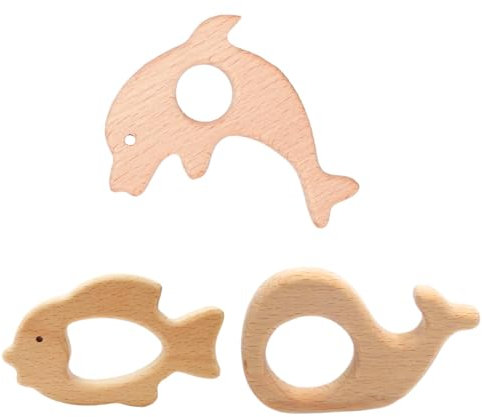 BCHKO Pack of 3 Baby Teething Ring Wooden Baby Wooden Figures, Natural Wooden Rings, Handmade Pendant Kit for DIY Jewellery, Crafts (Natural Wood)