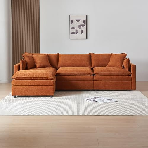 A ALFRESCOOL Sofa mit Schlaffunktion, Ecksofa Polstermöbel, Sofa 4 Sitzer, Sofa mit Fußstütze, L-Form Couch, Schlafsofa für Wohnzimmer, Chenille-Stoff, 276x75x89 cm (Orange)
