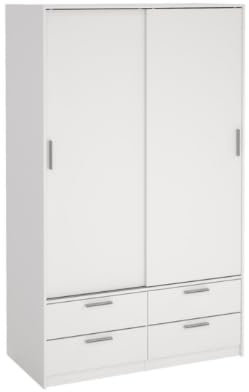 Armario con espejo con 4 cajones, rieles colgantes y estantes, armario de almacenamiento con puerta corredera doble para dormitorio, color blanco