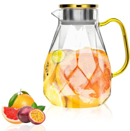 2.2 Litre Water Jug with Lid, Elegant Diamond Design Glass Jug with Handle, Decoration for Room, High Durability Pitcher Carafe for Ice Tea Maker, Juice, Hot/Cold Coffee