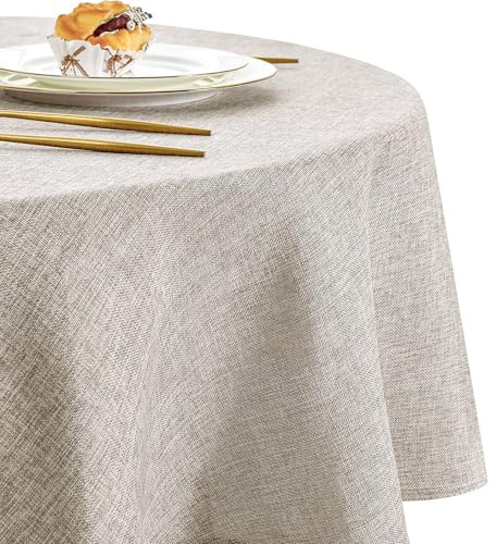 DWCN Leinen Stein Tischdecke Rund 160cm Leinenoptik Abwaschbar Textur | Outdoor Wetterfest Maschinenwaschbar Knitterfrei Tischtuch für Esszimmer Garten Party Hochzeiten Haushalt Wohnzimmer Balkon