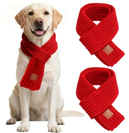 HYLYUN 2er-Set Weihnachtsschal für Hunde, roter Strickschal für große Hunde | 2 rote Hundeschals, weicher Strick, zum Binden und Verstellen, 1,2 m lang, für mittelgroße & große Hunde, Weihnachten