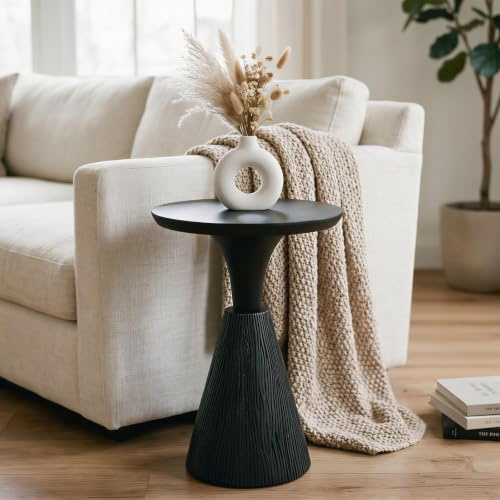IDIMEX BHIMA Beistelltisch aus massivem Mangoholz, 40 cm, Schwarz - Design Beistelltisch, runder Couchtisch, Wohnzimmertisch klein, Ablagetisch modern, skulpturaler Beistelltisch.
