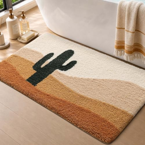DEXI Tappeto Bagno 60 x 110 cm, Terracotta con motivo cactus | Antiscivolo, Lavabile in Lavatrice, Microfibra Morbida e Confortevole, per Doccia e Vasca