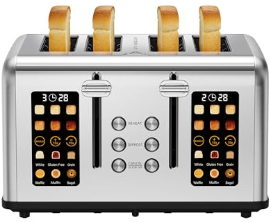Toaster 4 Scheiben, LED-Touchscreen, Edelstahl Langschlitztoaster, 6 Bräunungsstufen, 6 Brotprogramme, Auftau-, Aufwärm- & Stoppfunktion, 1760W (4 Scheiben)