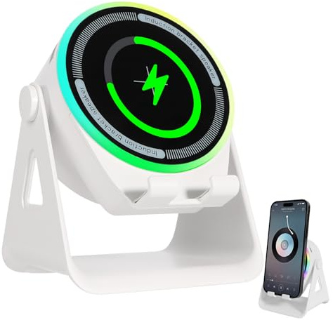 Induction Speaker with Phone Holder - Wireless Charging Stand with Bluetooth Speaker & Atmosphere Lights, Multi-functional Phone Stand Compatible with iPhone Android for Home Office (White)