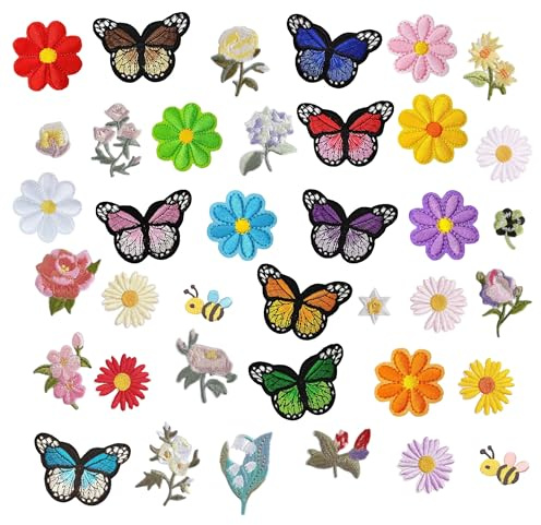 PYSEOSISE Flicken Zum Aufbügeln, 38 Stück Patches zum Aufbügeln, Bunte Aufnäher zum Aufbügelns Blumen Patch Schmetterling Aufnäher Patches für Erwachsene DIY Zubehör Jeans Jacken Mützen