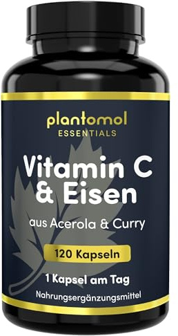 Eisen Vitamin C Komplex - Eisen Vitamin C Kombi - plantomol® Essentials | Vitamin C Acerola & Curryblatt Eisen hochdosiert - Eisen-Tabletten hochdosiert - Iron Tablets - 4 Monatsvorrat