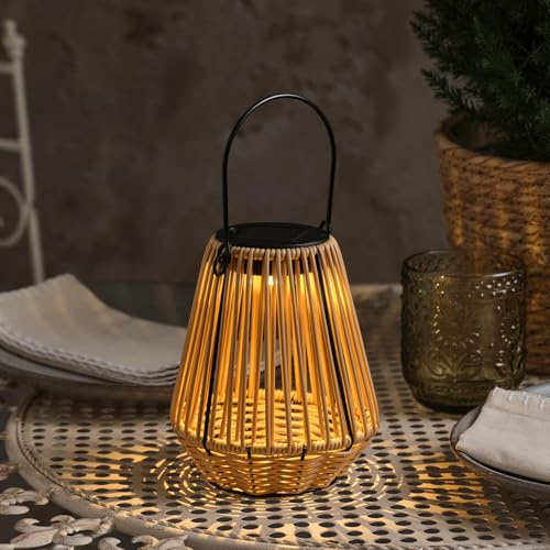 Lights4fun Hygge Solar Bambus-Laterne | mit warmweißen LEDs | Solarbetrieb Sonnenenergie | Sommer Frühling Deko für Außen Garten Terrasse Balkon | Natur/Schwarz | Höhe 15,8 cm