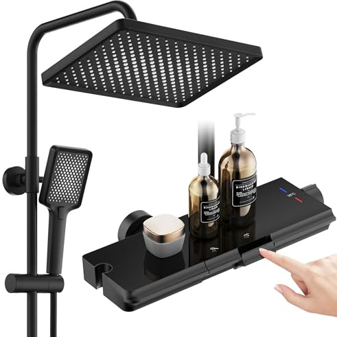 HOMELODY Duschsystem mit Thermostat, 30x20cm Glasablage Regendusche Schwarz | 3 Strahlarten Handbrause, 2 Klavierknöpfen Duscharmatur Komplettset, Duschgarnitur mit Regendusche