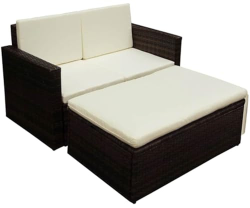 LoogCape 2-TLG. Garten-Lounge-Set, Poly Rattan Braun mit Cremeweißen Kissen, Ausziehbarer Hocker, Wetterfestes Outdoor-Sofa für Balkon, Terrasse & Garten