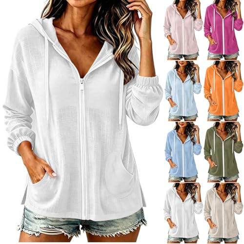 Hoodie Damen Reißverschluss Baumwolle Leinen Kapuzenjacke Leichte Sommer Herbst Sweatjacke mit Kapuze Übergangsjacke Sweatshirt für Frauen Langarm Kordelzug Taschen Locker Bequem Kapuzenpullover