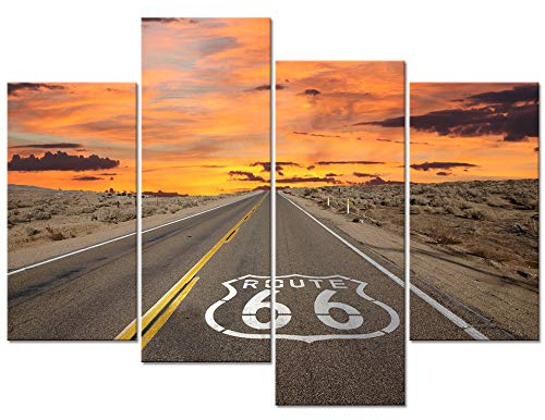 WELMECO Leinwandbild, Motiv Route 66, Motiv: Sonnenaufgang in Kalifornien, Mojave-Wüstenstraße, gerahmt, fertig zum Aufhängen, modernes Heimbüro-Dekor (01 Route 66), 4 Stück