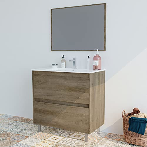 MarinelliGroup Mobile bagno 80 cm a terra lavabo ceramica specchio 2 cassetti ROVERE 80 x 45 x 80 cm 305040H