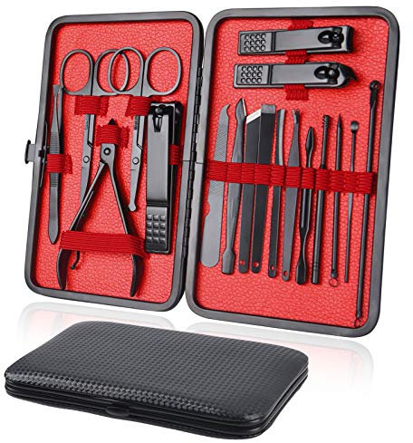 URAQT Maniküre Set, 18-teiliges Pediküre Nagelknipser, Edelstahl Pflege Werkzeuge Mit PU Ledertasche, Professionelle Rundum Hand Fußpflege Kit für Damen & Herren (Schwarz - innen rot)