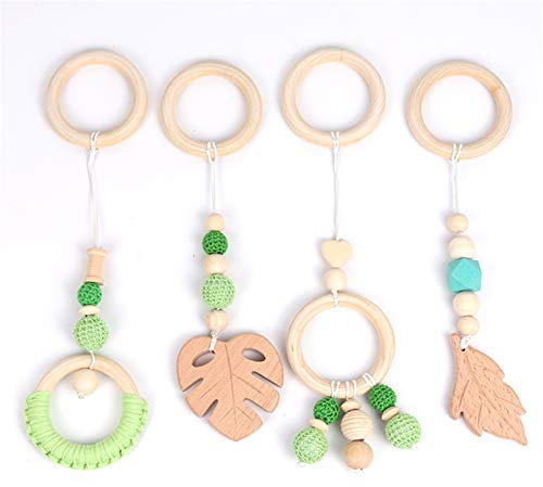 RAILONCH 4 Stück Anhänger Spielzeuge Set für Baby, Spieltrapez Holz Spielbogen für Babys, Babygymnastik aktiv Spielzeug (Grün)
