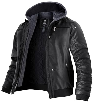 Wantdo Chaqueta de Piel Sintética para Hombre PU Abrigo Cálido Antiviento | Cortavientos,Informal,Bolsillos con Cremallera,Puños Acanalados,Acolchado,Clásico,Estilo Motero,Prenda de Abrigo,Ropa Urbana